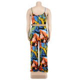 Plus Size Women summer suspender print Jumpsuit with belt