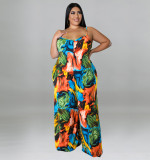 Plus Size Women summer suspender print Jumpsuit with belt