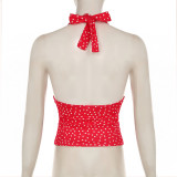 Women Holidays sexy polka dot print V Neck Halter Neck Backless Top