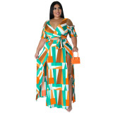 Plus Size Women summer strapless v-neck Top and slit Skirt two-piece set