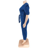 Plus Size Women summer short-sleeved zipper Denim Jumpsuit