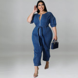 Plus Size Women summer short-sleeved zipper Denim Jumpsuit