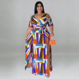 Plus Size Women summer strapless v-neck Top and slit Skirt two-piece set