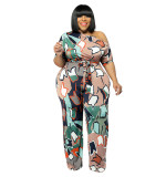 Plus Size Women summer Slash Shoulder print Jumpsuit with belt