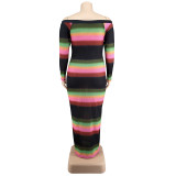 Plus Size Women Summer V-neck Off-shoulder Striped Print Dress