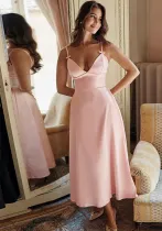 Women Spring French V Neck Sexy Backless Solid Dress