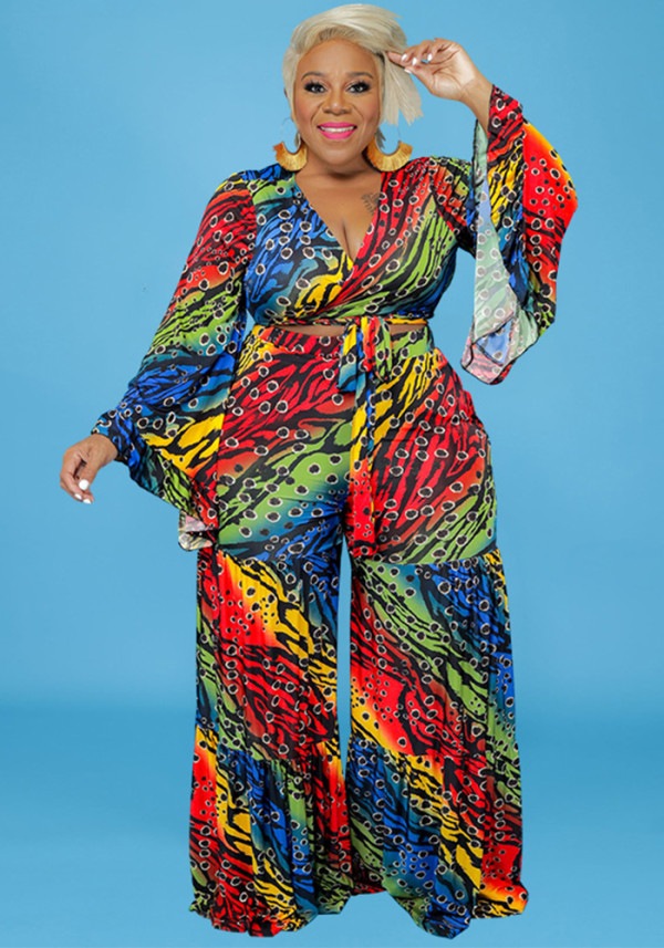 Plus Size Women Bell Bottom Sleeve Top and Pants Two-piece Set
