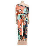 Plus Size Women summer Slash Shoulder print Jumpsuit with belt