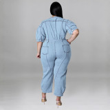 Plus Size Women summer short-sleeved zipper Denim Jumpsuit