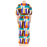 Plus Size Women summer strapless v-neck Top and slit Skirt two-piece set