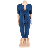 Plus Size Women summer short-sleeved zipper Denim Jumpsuit