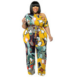 Plus Size Women summer Slash Shoulder print Jumpsuit with belt