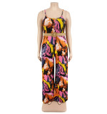 Plus Size Women summer suspender print Jumpsuit with belt