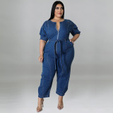 Plus Size Women summer short-sleeved zipper Denim Jumpsuit