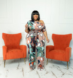 Plus Size Women summer Slash Shoulder print Jumpsuit with belt