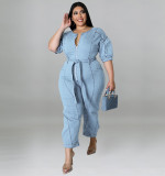 Plus Size Women summer short-sleeved zipper Denim Jumpsuit
