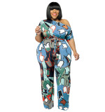 Plus Size Women summer Slash Shoulder print Jumpsuit with belt