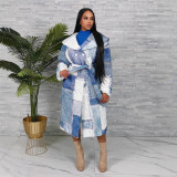 Women Denim patch print Turndown Collar lace-up jacket