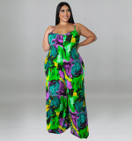 Plus Size Women summer suspender print Jumpsuit with belt