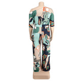 Plus Size Women summer Slash Shoulder print Jumpsuit with belt
