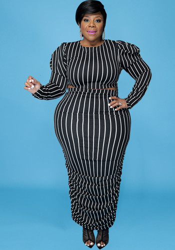 Women Summer Striped Print Bubble Long Sleeve Top and Skirt Two-piece Set