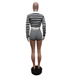 Women Stretchy Striped Lace-up Turndown Collar Long Sleeve Top And Shorts Two-piece Set