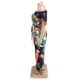 Plus Size Women summer Slash Shoulder print Jumpsuit with belt