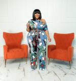 Plus Size Women summer Slash Shoulder print Jumpsuit with belt