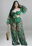 Plus Size Women summer peacock flower strapless Crop Strapless Top and Pant Casual two-piece set