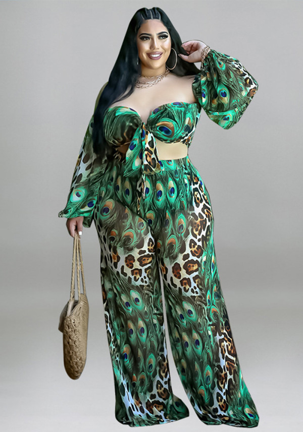 Plus Size Women summer peacock flower strapless Crop Strapless Top and Pant Casual two-piece set