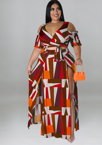 Plus Size Women summer strapless v-neck Top and slit Skirt two-piece set