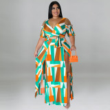 Plus Size Women summer strapless v-neck Top and slit Skirt two-piece set