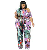 Plus Size Women summer Slash Shoulder print Jumpsuit with belt