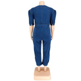 Plus Size Women summer short-sleeved zipper Denim Jumpsuit
