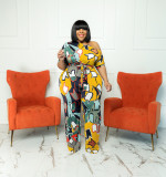 Plus Size Women summer Slash Shoulder print Jumpsuit with belt