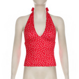 Women Holidays sexy polka dot print V Neck Halter Neck Backless Top