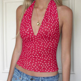 Women Holidays sexy polka dot print V Neck Halter Neck Backless Top