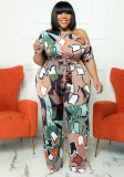 Plus Size Women summer Slash Shoulder print Jumpsuit with belt