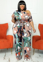 Plus Size Women summer Slash Shoulder print Jumpsuit with belt