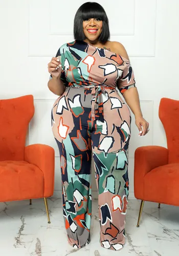 Plus Size Women summer Slash Shoulder print Jumpsuit with belt