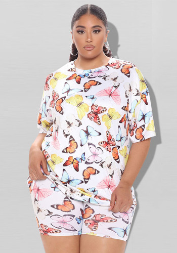 Plus Size Women Summer Butterfly Print Top and Shorts Two-piece Set
