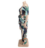 Plus Size Women summer Slash Shoulder print Jumpsuit with belt