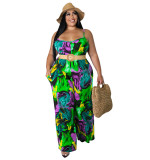 Plus Size Women summer suspender print Jumpsuit with belt
