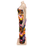 Plus Size Women summer suspender print Jumpsuit with belt