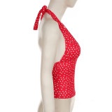Women Holidays sexy polka dot print V Neck Halter Neck Backless Top