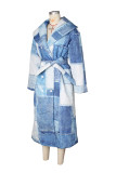Women Denim patch print Turndown Collar lace-up jacket