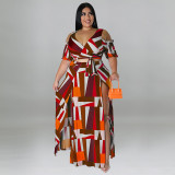 Plus Size Women summer strapless v-neck Top and slit Skirt two-piece set