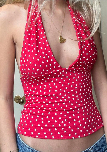 Women Holidays sexy polka dot print V Neck Halter Neck Backless Top