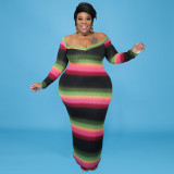 Plus Size Women Summer V-neck Off-shoulder Striped Print Dress