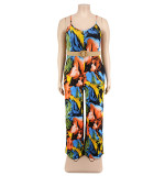 Plus Size Women summer suspender print Jumpsuit with belt